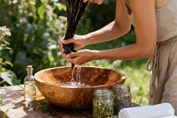 Woman rinsing hair with herbal infusion outdoors in eco garden, concept for organic beauty, hair wellness, and natural care banners

