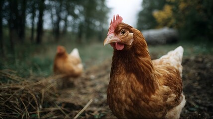 Fototapeta premium A close up portrait of a brown hen with a prominent red comb standing in a natural outdoor environment with another chicken blurred in the background