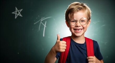 Happy Back to School Portrait of Cheerful Student Wearing Glasses and Red Backpack Smiling in Front of Chalkboard with Math Equations Bright Classroom Lighting Positive Energy Academic Concept