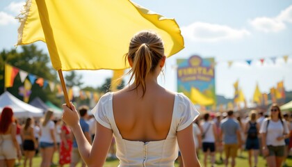 an outdoor event with a crowd of people attending. in the center stands a woman wearing traditional attire, which includes a dress and a hat, holding a yellow flag aloft