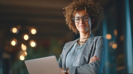 Close-up of a Smiling Face, Highlighting a Confident Brazilian Business Woman Against a Clean, Business-Oriented Background.