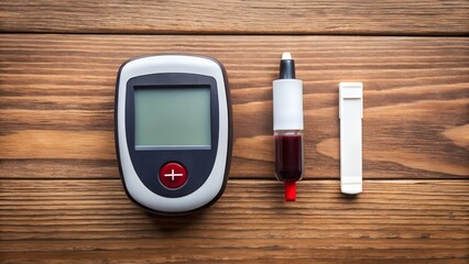 Glucometer, lancet, and test strip for blood glucose monitoring on wood