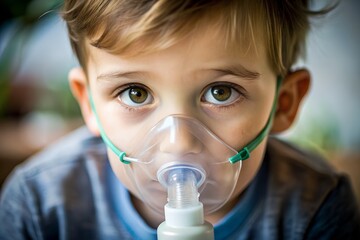 Close up of a young boy using nebulizer to treat respiratory disease
