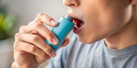 Man using asthma inhaler to manage respiratory condition, close up shot