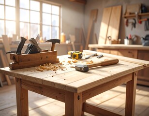 Workshop table with tools and wood shavings illuminated by sunlight streaming through a window