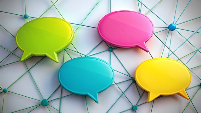 Colorful speech bubbles on a network background, communication concept