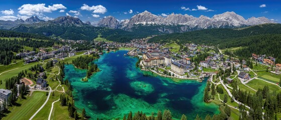 Scenic aerial panorama of a mountain town by a lake with clear turquoise water
