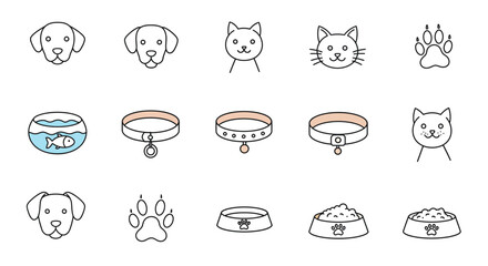 Simple line pet icons set: cats, dogs, paw prints, collars, bowls