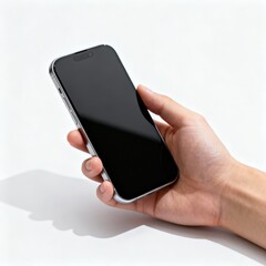 Close up of hand holding modern smartphone with black screen, digital device technology mockup isolated on white.
