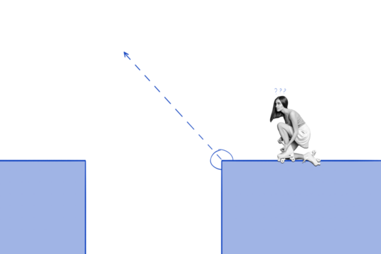 Composite photo collage of minded sports girl wear rollers think path arrow trick trajectory practicing isolated on painted background