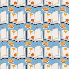 Cozy Autumn Reading Seamless Pattern with Pumpkin Pie and Open Book