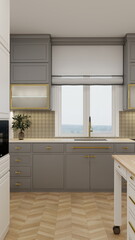 Elegant modern kitchen with gray cabinets, gold handles, patterned backsplash, and light wood flooring. Bright window view adds warmth and sophistication.