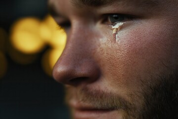Obraz premium Closeup of man crying with tears and cinematic lighting.