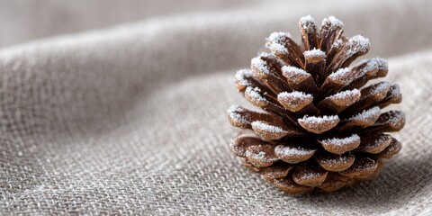 Close-up of snow-dusted pine cone on linen cloth. --ar 2:1 --raw --v 7 --draft Job ID: 8e4b464a-8ecc-4892-8aec-629c3b5e439e