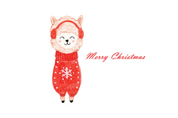 Merry Christmas Llama, Watercolor illustration of a cute llama in a red sweater and earmuffs Sublimation Design
