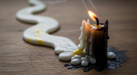 A burning candle sits on a wooden surface with melted wax creating a winding trail The candles flame is visible and smoke rises from the wick