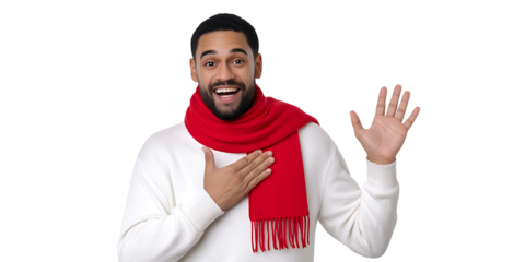 Cheerful man with red scarf waving hand isolated on transparent background