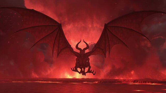 A winged demon flies toward the camera above a lake of lava in hell, surrounded by smoke and fire, symbolizing wrath, power and infernal dominance concept