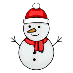 Cheerful snowman wearing a red Santa hat and scarf, isolated on white, vector illustration for winter holidays.
