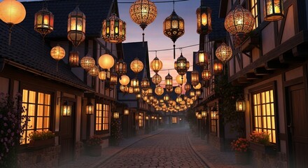 Fototapeta premium A European street at dusk decorated with many glowing ornate lanterns hanging overhead Buildings have lit windows and the cobblestone street is slightly foggy