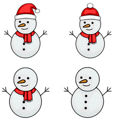 Four charming vector snowman illustrations, two wearing festive red Santa hats and scarves, one with just a scarf, and the last one bare, all with carrot noses and twig arms, isolated