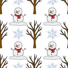 A charming seamless vector pattern featuring cheerful snowmen with red scarves, bare winter trees, and delicate blue snowflakes on a white background, evoking a playful and festive holiday spirit.