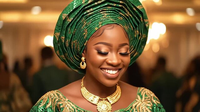 Happy African woman in vibrant traditional green and gold attire smiles joyfully at an event