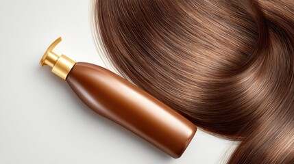 Hair care product bottle with pump dispenser and glossy brown hair strands, symbolizing beauty treatment, healthy hair, and professional cosmetic solutions
