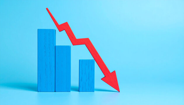 Minimalist blue wood bar graph with red arrow pointing down. Business loss and financial risk