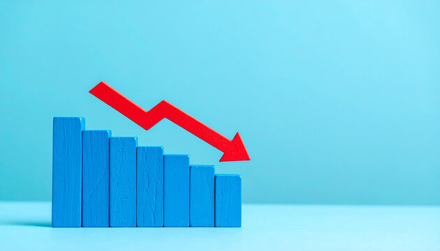 Minimalist blue wood bar graph with red arrow pointing down. Business loss and financial risk