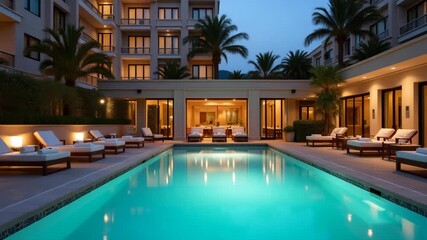 An inviting poolside luxury hotel scene, showcasing comfortable loungers and soft lighting, ideal for evoking a serene atmosphere with copy space.