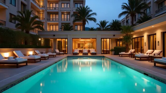 An inviting poolside luxury hotel scene, showcasing comfortable loungers and soft lighting, ideal for evoking a serene atmosphere with copy space.