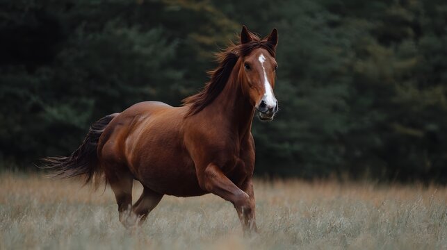 A majestic brown horse with a white blaze gallops across a sun d d grassy field