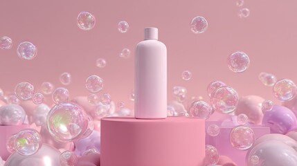 Pink cosmetic bottle display on a minimalist podium, surrounded by floating soap bubbles and iridescent spheres, symbolizing gentle skincare and beauty products
