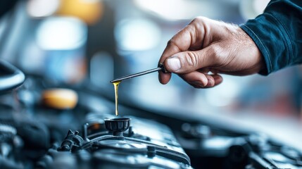A mechanic inspects the car s oil level using a dipstick
