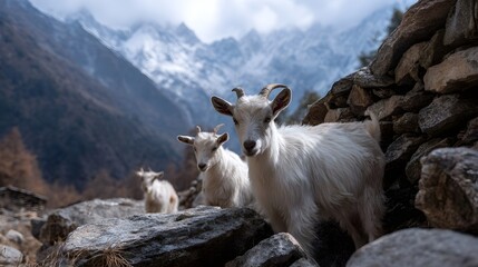Obraz premium Three white goats stand on a rocky mountain slope with snowy peaks in the background