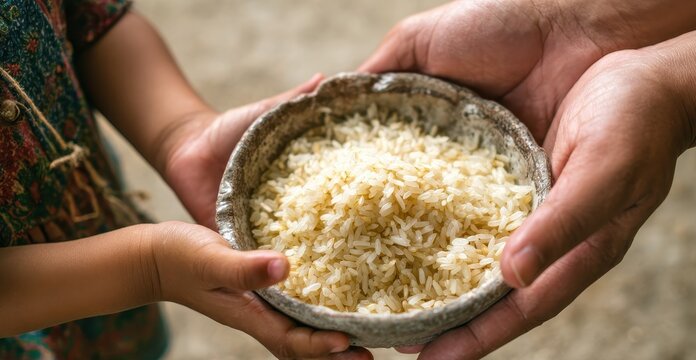 A mother s hand feeds tired children seeking variety from rice
