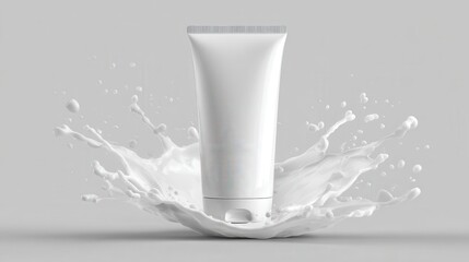 White cosmetic tube showcasing a product container design for beauty and personal care items like moisturizer, lotion, or cream, surrounded by a dynamic fresh white liquid splash