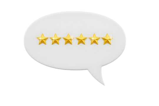 Speech bubble with five golden star rating isolated on transparent background