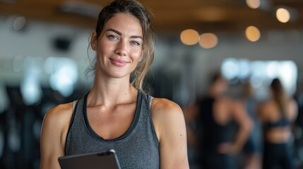 A smiling fitness instructor holds a tablet in a gym