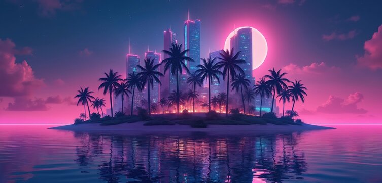 Futuristic cityscape on tropical island at night with glowing neon lights. Modern skyscrapers, palm tree silhouettes reflect on calm ocean surface. Fantasy view with large pink moon under starry sky