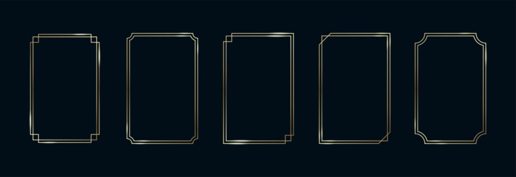 Golden Frames Set. Thin Line Gold Borders Luxury Minimalist Collection. Premium Vector Brass Outline Geometric Rectangles. Linear Decorative Banners with Black Background Isolated