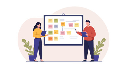 Team collaboration with sticky notes and tablet in modern workspace