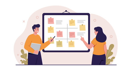 Team collaboration concept with office whiteboard and discussion for project planning