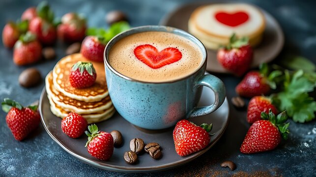 Cozy Valentine’s breakfast with cappuccino, heart-shaped strawberries, pancakes and fresh coffee beans. Romantic morning food still life