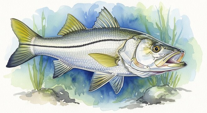 Snook laut fish watercolor, animal fish underwater life, white background