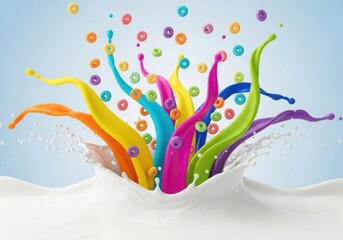 Colorful cereal splash in milk with bright splashes