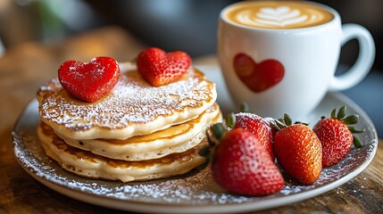 Heart-shaped strawberries on pancakes with powdered sugar and coffee cup decorated with red heart. Cozy Valentine&rsquo;s breakfast with love and warmth