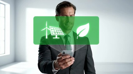 Businessman in Black Suit with Tie Holding Smartphone Against Green Energy Icons in Clean White Room - Powered by Adobe