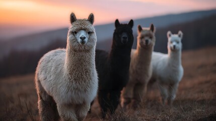 Fototapeta premium A herd of four alpacas stands on a rolling hillside during a soft sunset showcasing their fluffy wool